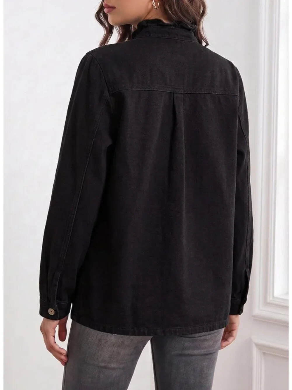 Women's Black Button Down Ruffle Casual Oversized Cropped Jacket with Pockets